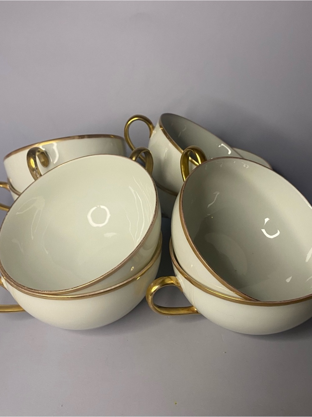 Vintage A. Lanternier Limoges Porcelain Gold Rimmed Tea Cups Set/8 France